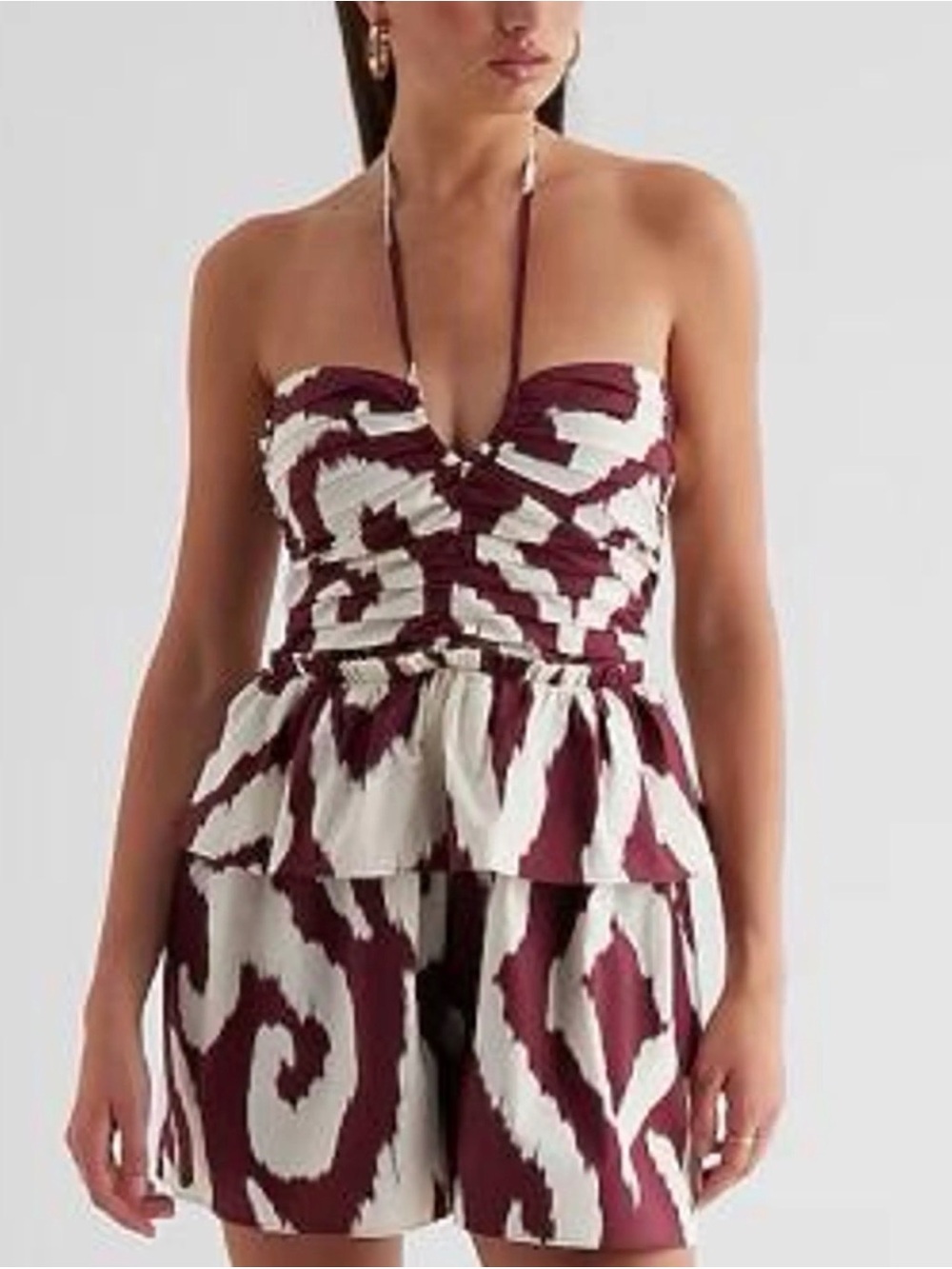 Express Strapless Burgundy & White Printed Romper